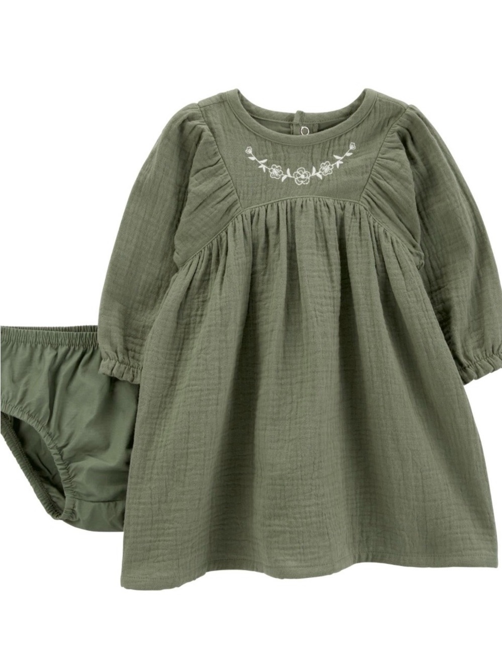TWIN GIRLS| Carter's Olive Green Cotton Muslin Dress with Matching Bloomer 12M